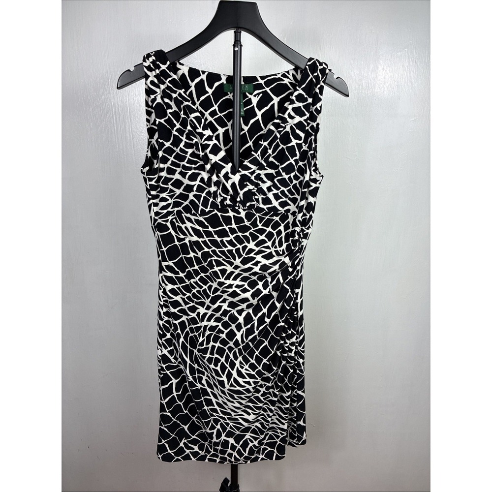 Lauren Ralph Lauren Wom Vneck Ruched Sheath Midi Dress Sz 8 Black White Cocktail